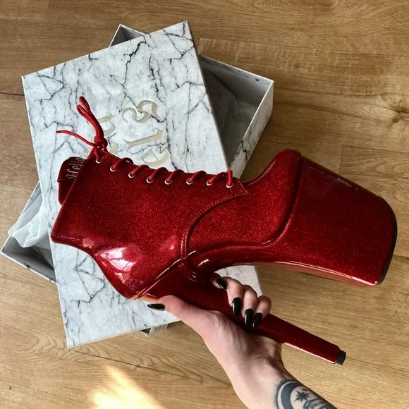 Hella Heels Heeled Boots Red Hella Heels 8” Glitterati Red Ankle